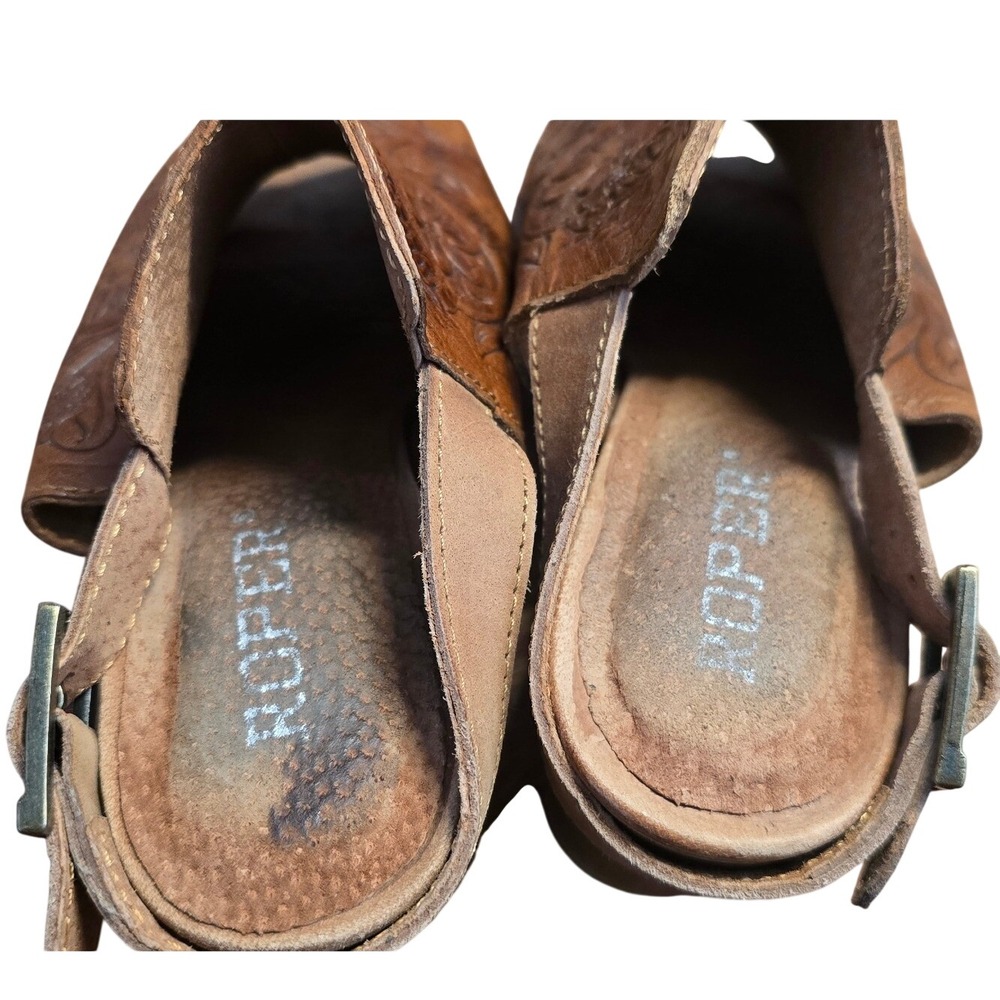 Roper Brown Floral Tooled Embossed Block 3"Heel Slingback Sandals Open Toe 7 GUC - Picture 8 of 8